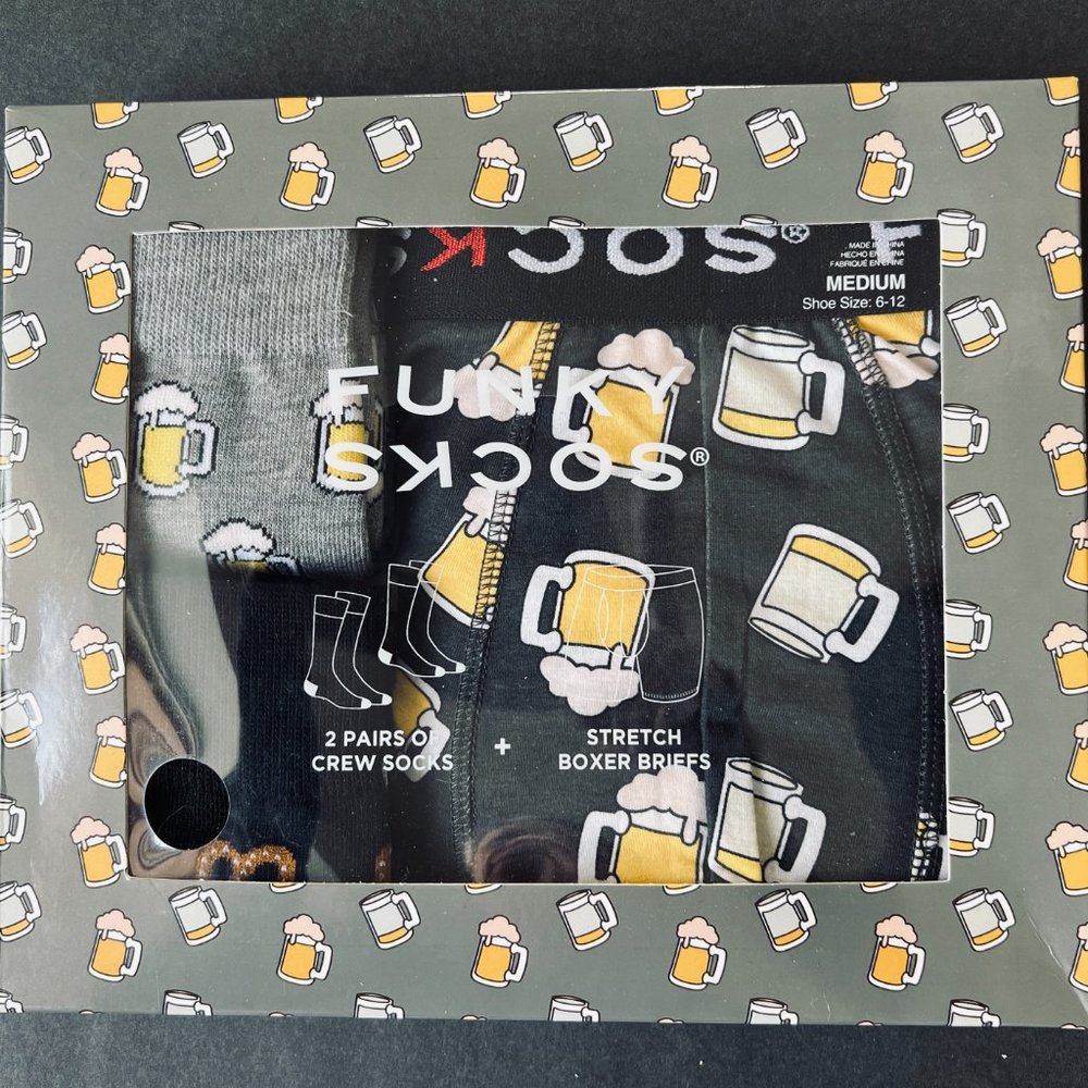 FUNKY SOCKS Men's Boxed Gift Set Crew Socks & Boxer Briefs Size Medium